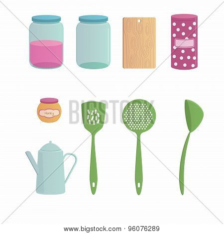 Kitchenware cartoon set with nine objects.