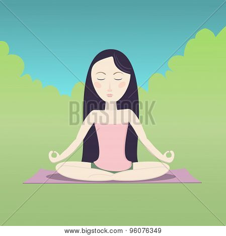 Girl sitting in the lotus pose and meditating.