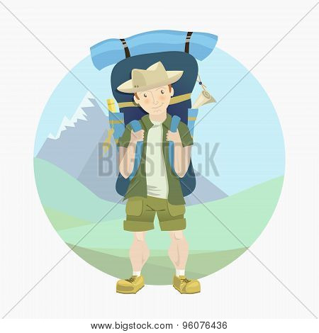 Tourist man with a big backpack.