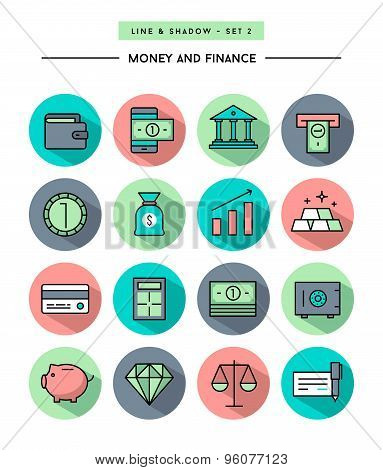 Set Of Flat Design,long Shadow, Thin Line Money And Finance Icons