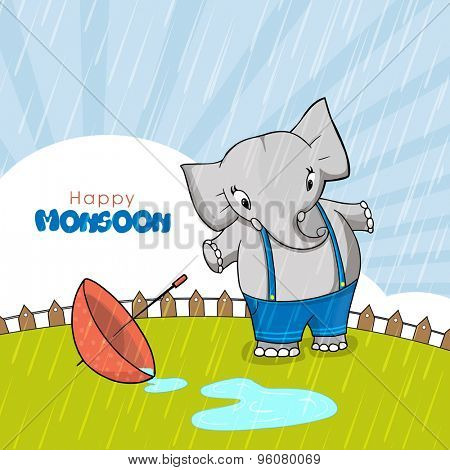 Cute little elephant with umbrella standing and enjoying rains on rays background for Happy Monsoon concept.