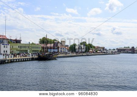 USTKA - JULY 08: View of the river Slupia with promenade and marina on 8 July 2015 in Ustka, Poland.