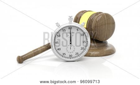 Silver chronometer with wooden gavel, isolated on white