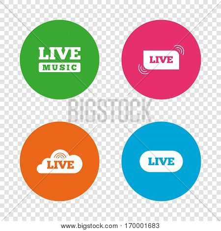Live music icons. Karaoke or On air stream symbols. Cloud sign. Round buttons on transparent background. Vector