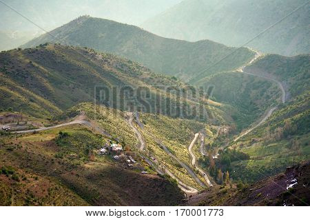 Mountain road in Andes with many switchbacks between Chile and Argentina