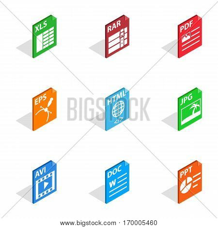 Document file format icons set. Isometric 3d illustration of 9 document file format vector icons for web