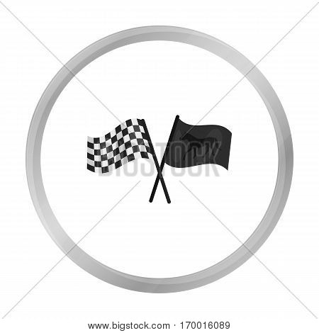 Crossed checkered and equestrian flags icon in monochrome design isolated on white background. Hippodrome and horse symbol stock vector illustration.