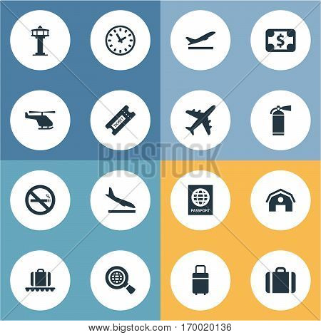 Set Of 16 Simple Plane Icons. Can Be Found Such Elements As Air Transport, Certificate Of Citizenship, Luggage Carousel And Other.