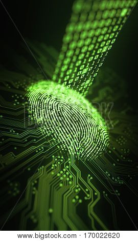 3D illustration. Fingerprint integrated in a printed circuit releasing binary codes.