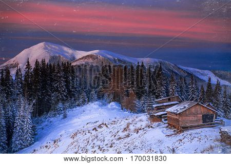 lanshaft fantastic winter and snowy mountains. Vintage effect.
