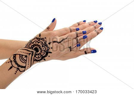 Female hands with henna tattoo, isolated on white
