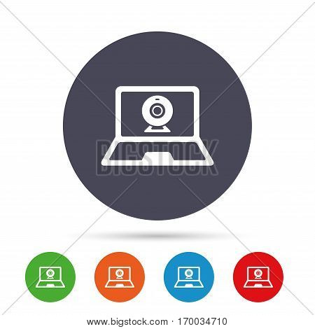 Video chat laptop sign icon. Web communication symbol. Website webcam talk. Round colourful buttons with flat icons. Vector