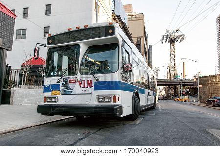 New York, February 6, 2017: An empty idle MTA bus is parked during the driver's break.