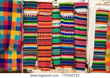  Traditional rugs at market on Cristobal de las casas , Chiapas region, Mexico.