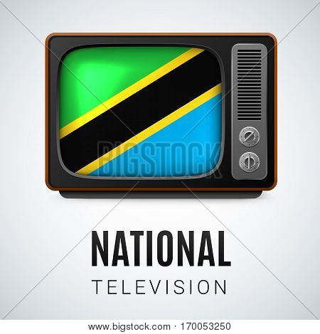 Vintage TV and Flag of Tanzania as Symbol National Television. Tele Receiver with Tanzanian flag