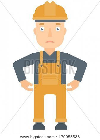 Depressed caucasian builder in hard hat and overalls. Sad builder standing with his hands on hips. Young builder having depression. Vector flat design illustration isolated on white background.