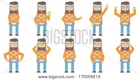 Angry caucasian backpacker pointing at watches. Annoyed backpacker pointing at watches and time. Anxious backpacker checking time. Set of vector flat design illustrations isolated on white background.