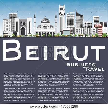 Beirut Skyline with Gray Buildings, Blue Sky and Copy Space. Vector Illustration. Business Travel and Tourism Concept with Modern Architecture. Image for Presentation Banner Placard and Web Site