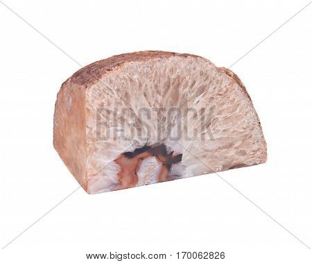 Light brown natural crystal agate geode bookend polished on isolated on white background