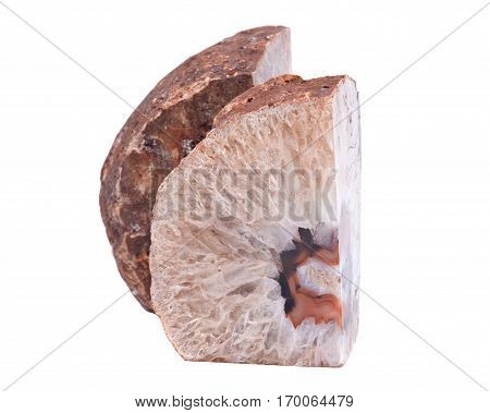 Light brown natural crystal agate geode bookend polished on isolated on white background
