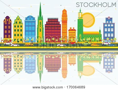 Stockholm Skyline with Color Buildings, Blue Sky and Reflections. Vector Illustration. Business Travel and Tourism Concept with Historic Architecture. Image for Presentation Banner Placard and Web