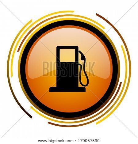 Gas station sign vector icon. Modern design round orange button isolated on white square background for web and application designers in eps10.