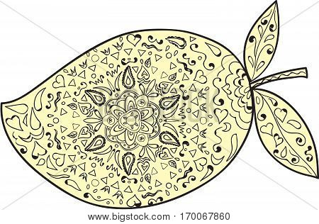 Mandala style illustration of a mango a juicy tropical stone fruit drupe belonging to the genus Mangifera set on isolated white background.