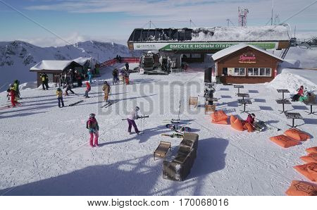 Sochi, Russia - January 21, 2017: On the top of ski resort Gorky Gorod 2200 meters above sea level