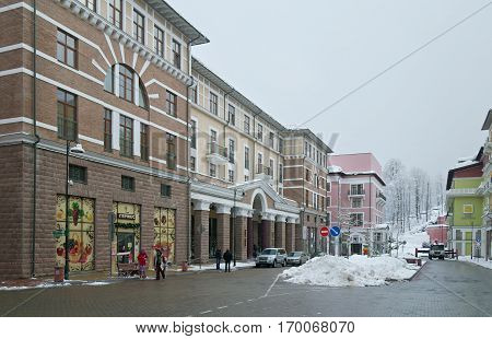 Sochi, Russia - January 21, 2017: Upper Gorky Gorod - all-season resort town 960 meters above sea level in the village of Krasnaya Polyana