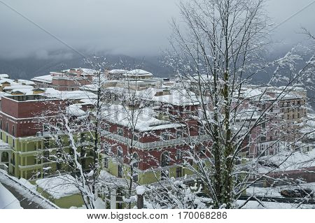 Sochi, Russia - January 21, 2017: Upper Gorky Gorod - all-season resort town 960 meters above sea level in the village of Krasnaya Polyana
