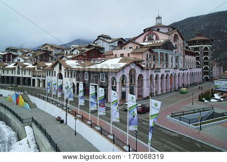 Sochi, Russia - January 24, 2017: Gorky Gorod - all-season resort town and gaming zone 540 meters above sea level in the village of Krasnaya Polyana