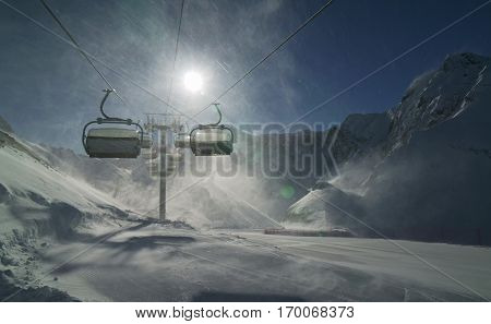Strong wind storm chair lifts do not work on the top of ski resort Gorky Gorod 2200 meters above sea level