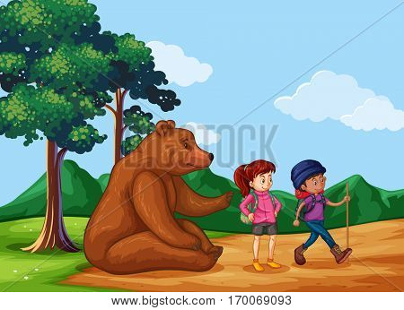 Big bear sitting on ground and people go hiking illustration