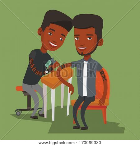 An african-american young tattooist makes a tattoo on the hand of a man. Tattooist makes a tattoo to a client. Professional tattoo artist at work. Vector flat design illustration. Square layout.