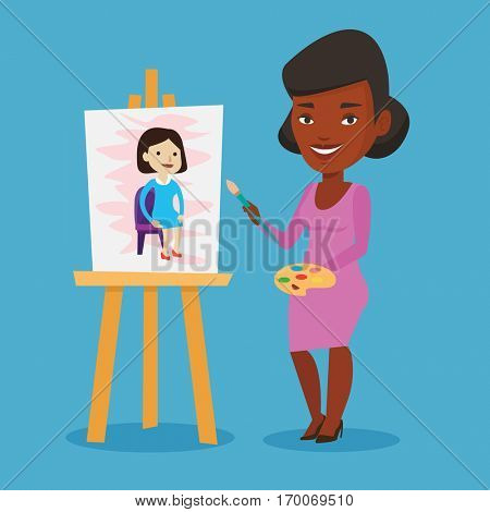An african-american young artist painting a female model on canvas. Creative female artist drawing on an easel. Cheerful artist working on painting. Vector flat design illustration. Square layout.