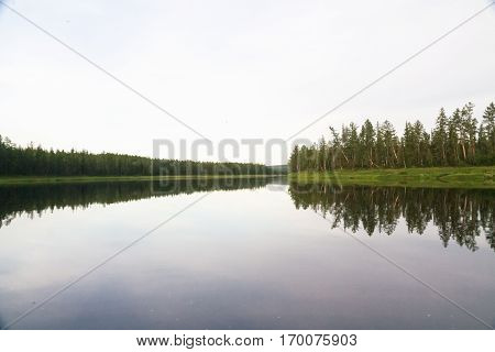 Green shores a large river. North of Siberia. Russia