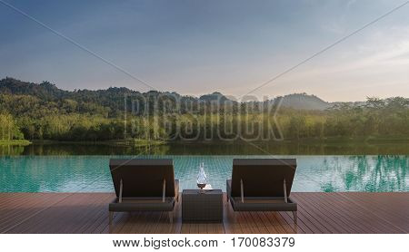 Swimming pool terrace and beautiful nature view 3d rendering image. A place surrounded by nature There are wood floor and green tile