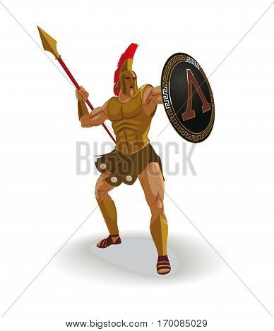 Angry spartan warrior with armor and hoplite shield shouted and throwing a spear