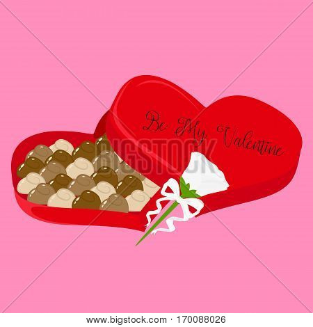 Illustration of a Valentine's heart shaped chocolate box and a white rose decorated with white ribbon.