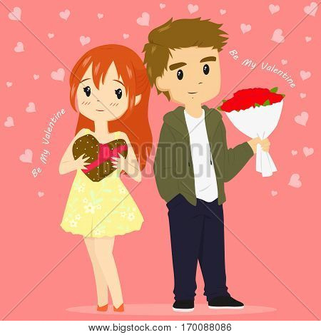 Valentine couple illustration. a guy holding a red rose bouquet and a girl in floral dress holding a chocolate box, heart shape background