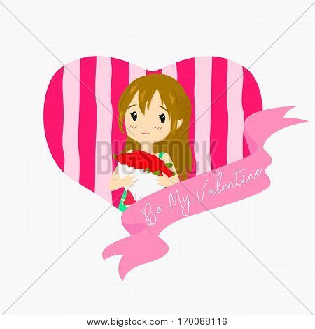 Be My Valentine. A girl holding red rose bouquet with heart shape background