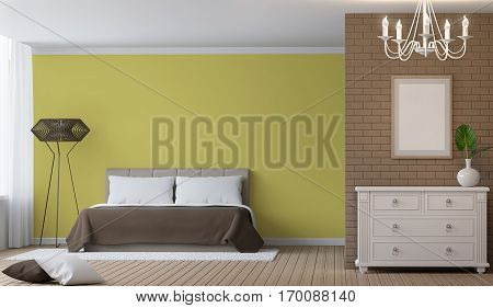 Modern Bedroom interior 3d rendering image.There are decorated wall with brick pattern and empty wall paint with yellow colour. There are white vintage shelf and empty picture frame