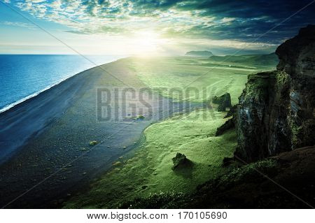 the black sand beach from the cliff of Dyrholaeyjarviti, Iceland