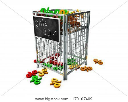Store promotion display basket with procents 3d Illustration