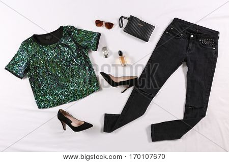 Modern clothes on bed