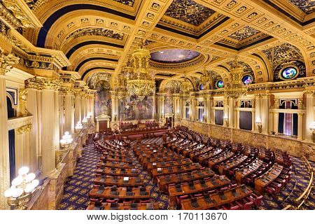 HARRISBURG, PENNSYLVANIA - NOVEMBER 23, 2016: The Chamber of the House of Representatives in the Pennsylvania State Capitol.