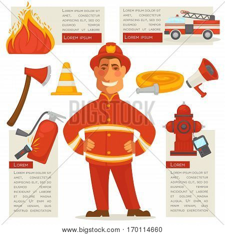 Fireman isolated and special objects set around. Vector web poster of fire truck, burning fire, yellow rolled cord, red loudspeaker, wooden ax and flashlight labels with written information.