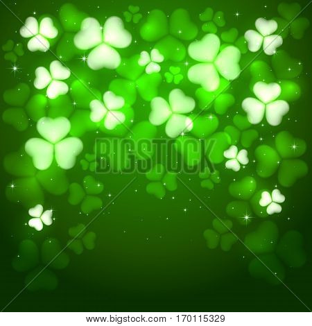 Green background of St. Patricks Day with glittering clovers and stars, illustration.
