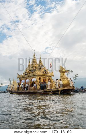 INLE-LAKE, MYANMAR - OCT 06 2014: The festival of Phaung Daw Oo Pagoda at Inle Lake in October 2014.