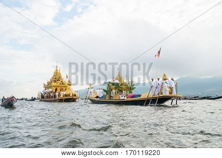 INLE-LAKE, MYANMAR - OCT 06 2014: The festival of Phaung Daw Oo Pagoda at Inle Lake in October 2014.